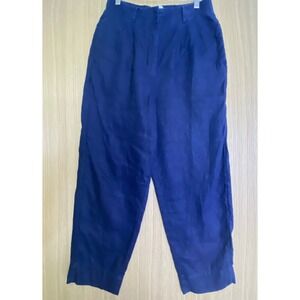 M&S Women US 6 Linen Tapered Pants Navy Blue High Rise Elastic Waist T57 8038